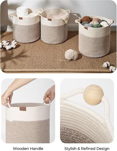 StorageWorks Woven Storage Baskets for Organizing, Woven Basket with Wooden Handles, 13 x 13 Woven Baskets for Storage, Small Woven Cube Storage Basket for Living Room, White&Light Brown, 3-Pack in Saudi Arabia