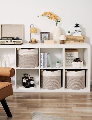 StorageWorks Woven Storage Baskets for Organizing, Woven Basket with Wooden Handles, 13 x 13 Woven Baskets for Storage, Small Woven Cube Storage Basket for Living Room, White&Light Brown, 3-Pack in Saudi Arabia
