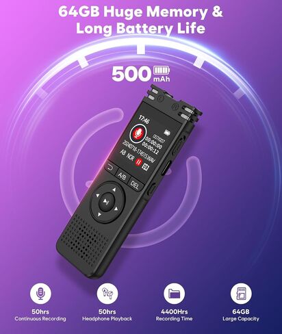 64GB Digital Voice Recorder with Playback - LINISME Voice Activated Recorder【7000 Hours】, One Click Large Screen Sound Audio Recorder Recording Tape for Interviews/Meeting/Classes in Saudi Arabia