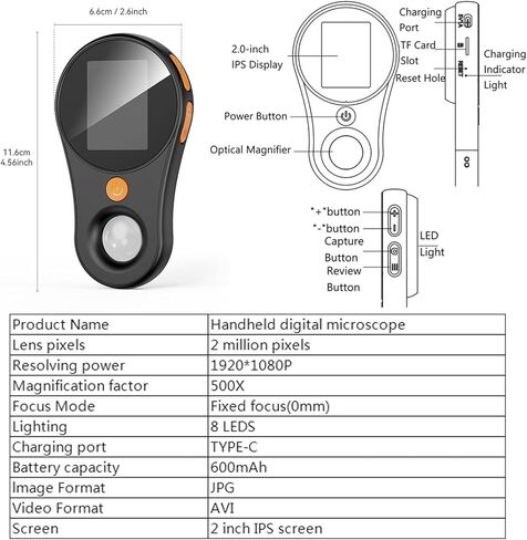 Handheld Digital Microscope, 500X Magnification Digital Handheld Microscope Magnifier Magnifying Glass, Portable Pocket Microscope with 8 LED 1920x1080P HD for Electronics Coins Jewelry Watch Repair in Kuwait
