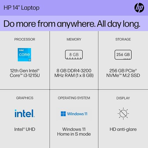 HP 14 inch Laptop, HD Display, 12th Generation Intel Core i3-1215U, 8 GB RAM, 256 GB SSD, Intel UHD Graphics, Windows 11 Home in S Mode, 14-dq5009nr (2024) in Saudi Arabia