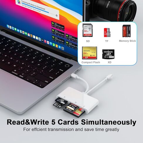 قارئ بطاقات SD CF XD MS TF متوافق مع iPhone/iPad، قارئ بطاقات ذاكرة متعدد 5 في 1، محول OTG يدعم بطاقة صور Micro SD/SDHC/XD/CF/MS، Lightning+USB A+USB C Memory Stick pro Duo in Saudi Arabia