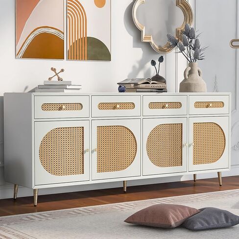U-Can Rattan TV Stand for TVs Up to 65", Farmhouse Entertainment Center Console Table with Rattan Door, Storage Cabinet Sideboards for Dining Room Living Room White As shown in Saudi Arabia