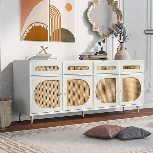 U-Can Rattan TV Stand for TVs Up to 65", Farmhouse Entertainment Center Console Table with Rattan Door, Storage Cabinet Sideboards for Dining Room Living Room White As shown in Saudi Arabia