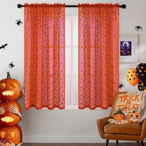 Yinhua Halloween Sheer Curtains for Living Room, Purple Stamping Bat Pumpkin Black Curtains 63 inch Length, Light Filter Curtains for Bedroom 2 Panels Set, Spooky Halloween Decor Ideal Gifts 52×63 in in Saudi Arabia
