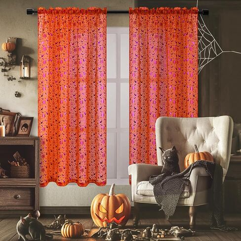 Yinhua Halloween Sheer Curtains for Living Room, Purple Stamping Bat Pumpkin Black Curtains 63 inch Length, Light Filter Curtains for Bedroom 2 Panels Set, Spooky Halloween Decor Ideal Gifts 52×63 in in Saudi Arabia