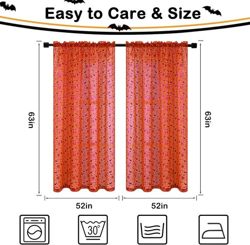 Yinhua Halloween Sheer Curtains for Living Room, Purple Stamping Bat Pumpkin Black Curtains 63 inch Length, Light Filter Curtains for Bedroom 2 Panels Set, Spooky Halloween Decor Ideal Gifts 52×63 in in Saudi Arabia