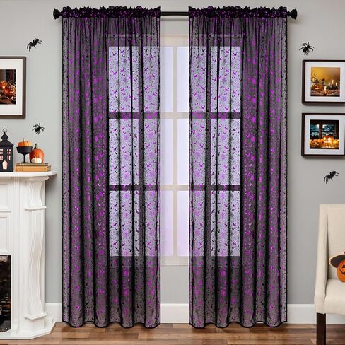Yinhua Halloween Sheer Curtains for Living Room, Purple Stamping Bat Pumpkin Black Curtains 63 inch Length, Light Filter Curtains for Bedroom 2 Panels Set, Spooky Halloween Decor Ideal Gifts 52×63 in in Saudi Arabia