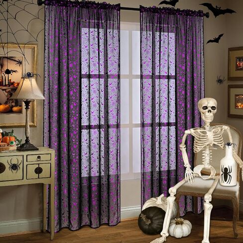 Yinhua Halloween Sheer Curtains for Living Room, Purple Stamping Bat Pumpkin Black Curtains 63 inch Length, Light Filter Curtains for Bedroom 2 Panels Set, Spooky Halloween Decor Ideal Gifts 52×63 in in Saudi Arabia