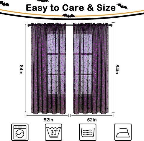 Yinhua Halloween Sheer Curtains for Living Room, Purple Stamping Bat Pumpkin Black Curtains 63 inch Length, Light Filter Curtains for Bedroom 2 Panels Set, Spooky Halloween Decor Ideal Gifts 52×63 in in Saudi Arabia