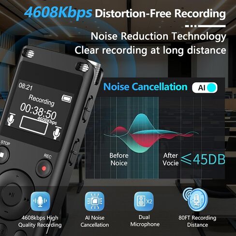 128GB Digital Voice Activated Recorder with Playback - AI Noise Cancelation Audio Recorder, 9120H Audio Storge, 4608 Kbps HD Tape Recorder Device for Lecture, Dual Stereo MIC Recording Device in Saudi Arabia