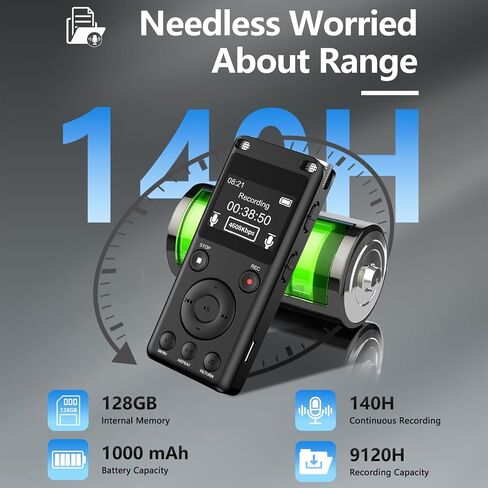 128GB Digital Voice Activated Recorder with Playback - AI Noise Cancelation Audio Recorder, 9120H Audio Storge, 4608 Kbps HD Tape Recorder Device for Lecture, Dual Stereo MIC Recording Device in Saudi Arabia