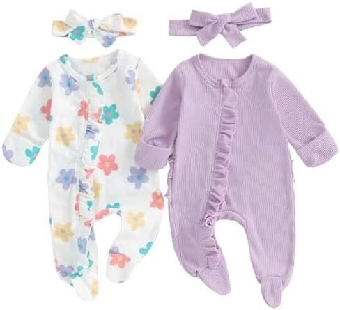 Baby Girl Footies Newborn Zipper Sleeper 2 Pack Ruffle Pajamas Romper Coming Home Outfit in Kuwait