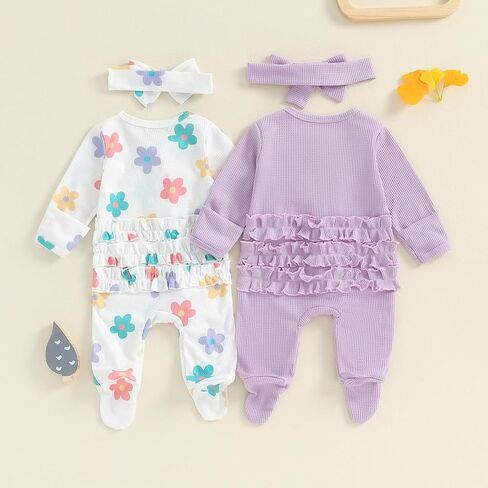 Baby Girl Footies Newborn Zipper Sleeper 2 Pack Ruffle Pajamas Romper Coming Home Outfit in Kuwait