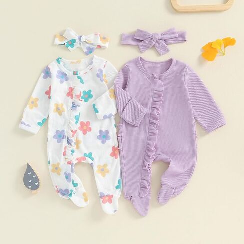 Baby Girl Footies Newborn Zipper Sleeper 2 Pack Ruffle Pajamas Romper Coming Home Outfit in Kuwait