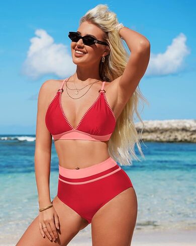 Charmo Women's High Waisted Colorblock Bikini Sets V Neck 2 Piece Swimsuit Crisscross Bathing Suits in Saudi Arabia