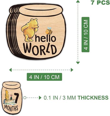 Baby Bear Month Milestone Circles, Wooden Honey Pot Shaped, for Baby Photo Shoots with 'Hello, World' Name Signs - 7 Double-Sided Signs for Documenting Growth in Saudi Arabia