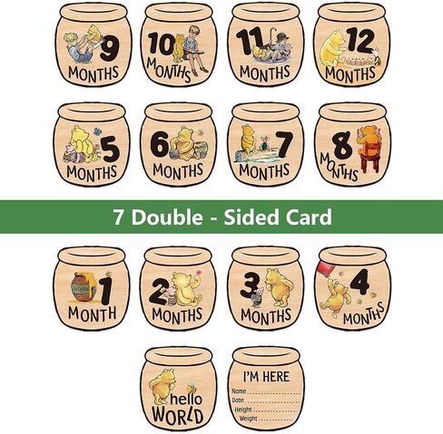 Baby Bear Month Milestone Circles, Wooden Honey Pot Shaped, for Baby Photo Shoots with 'Hello, World' Name Signs - 7 Double-Sided Signs for Documenting Growth in Saudi Arabia