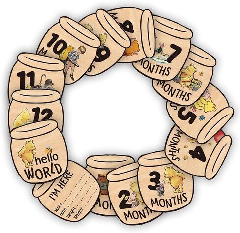 Baby Bear Month Milestone Circles, Wooden Honey Pot Shaped, for Baby Photo Shoots with 'Hello, World' Name Signs - 7 Double-Sided Signs for Documenting Growth in Saudi Arabia