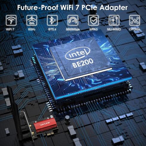 WAVLINK WiFi 7 BE8800 PCIe Network Card for Desktop PC, 2024 Tri-Band BE200 Wireless Adapter with Bluetooth 5.4, MU-MIMO, WPA3, for Windows 11/10(64bit), Only Supports Intel Motherboard in Saudi Arabia
