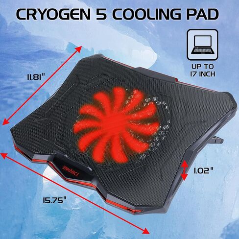 ENHANCE Cryogen 5 Gaming Laptop Cooling Pad Stand - Laptop Cooler with 7 Adjustable Height Settings & Dual USB Ports for 17 inch Laptops - 1 Ultra Quiet High Performance LED Laptop Fan 800 RPM - Red in Kuwait