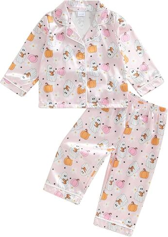 Kids Toddler Baby Girl Pajamas Fall Set Cute Print Button Down Shirt Long Pants Bottoms Sleepwear Lounge Outfits in Saudi Arabia