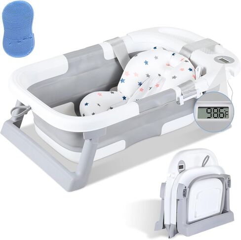 حوض استحمام للأطفال قابل للطي، حوض استحمام محمول للسفر للأطفال مع ميزان حرارة ووسادة ناعمة، حوض استحمام قابل للطي لحديثي الولادة إلى الأطفال الصغار من عمر 0 ​​إلى 36 شهرًا، أحواض استحمام متينة معلقة غير قابلة للانزلاق مع فرشاة غطاء المهد in Kuwait