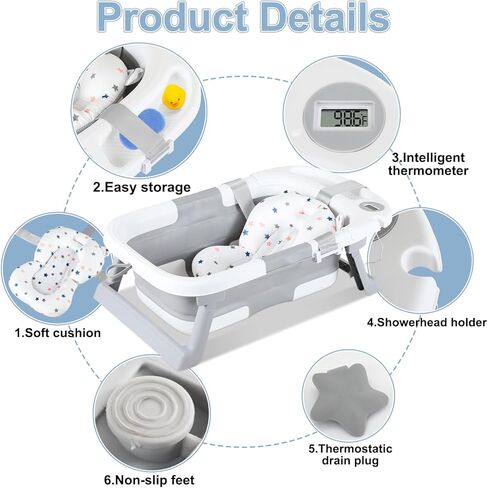 حوض استحمام للأطفال قابل للطي، حوض استحمام محمول للسفر للأطفال مع ميزان حرارة ووسادة ناعمة، حوض استحمام قابل للطي لحديثي الولادة إلى الأطفال الصغار من عمر 0 ​​إلى 36 شهرًا، أحواض استحمام متينة معلقة غير قابلة للانزلاق مع فرشاة غطاء المهد in Kuwait