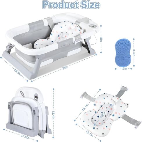 حوض استحمام للأطفال قابل للطي، حوض استحمام محمول للسفر للأطفال مع ميزان حرارة ووسادة ناعمة، حوض استحمام قابل للطي لحديثي الولادة إلى الأطفال الصغار من عمر 0 ​​إلى 36 شهرًا، أحواض استحمام متينة معلقة غير قابلة للانزلاق مع فرشاة غطاء المهد in Kuwait