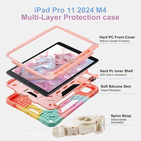 حافظة لجهاز iPad Pro 11 بوصة M4 2024 (الجيل الخامس)، حافظة واقية مضادة للصدمات مع فتحة قلم رصاص/ حامل سحري بمقبض دوار 360 درجة، سلسلة مفاتيح/حزام كتف للحمل، حافظة لجهاز iPad Pro 11 2024 (ملونة) in Kuwait