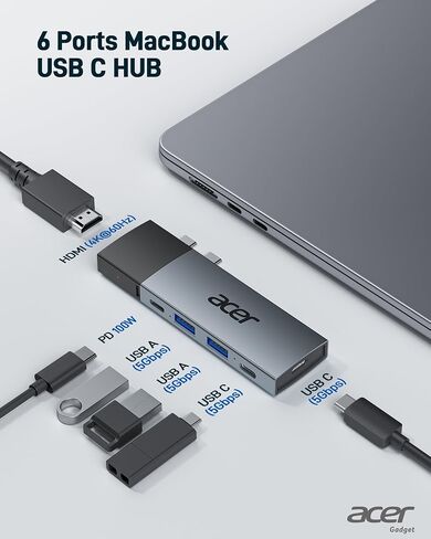 محول موزع USB C من Acer لأجهزة MacBook، 6 في 2 ملحقات MacBook متعددة المنافذ USB C قابلة للفصل مع محول USB C إلى HDMI و2 USB A 3.0، 2 USB C، PD 100W منافذ شحن لجهاز MacBook Pro/Air M1 M2 M3 in Kuwait