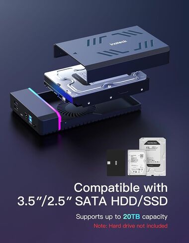 Inateck RGB 3.5-Inch Hard Drive Enclosure, USB 3.0 External Hard Drive Enclosure for 2.5''/3.5'' SATA HDD and SSD, with Expansion Ports and 12V/2A Power Adapter, Supports Up to 20TB, FE3003 in Kuwait