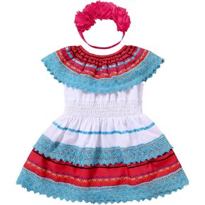 FYMNSI Baby Girls Mexican Romper Dress with Floral Headband Toddler Ruffle Lace Casual Mexico Traditional Folk Drape Dresses