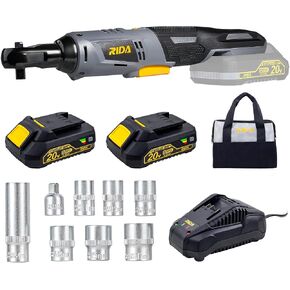 RIDA Cordless Ratchet Wrench Set 60N.m 20V Electric Ratchet Wrench, 3/8 "Electric Ratchet Tool Kit with 2 x 2.0AH Lithium-Ion Battery, Battery Powered Ratchet with 7 Sockets and Fast Charger