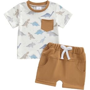 BeQeuewll Baby Boy Clothes Dinosaur Print Short Sleeve Shirt Top Elastic Shorts Toddler Boys Summer Outfits