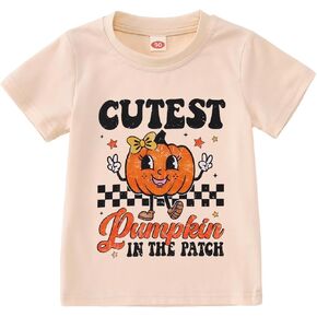 Toddler Girl Halloween Shirt Cutest Pumpkin in The Patch T-Shirt Spooky Season Pumpkin Graphic Short Sleeve Tee Tops