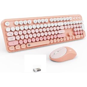 Wireless Keyboard and Mouse Combo, 2.4 GHz Wireless Full-Sized Typewriter Keyboard with Round Keycaps for Windows, Computer, Desktop, PC, Laptop (Pink)