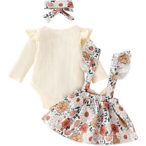 Newborn Baby Girl Outfit Ribbed Romper Top Boho Floral Suspender Skirt Dress Overalls Headband Set Fall Clothes