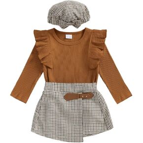 Madjtlqy Fall Baby Girl Clothes Set Ruffles Tops + Plaid Skirt + Hat Toddler Winter Outfit 12 18 24 Months 2t 3t 4t