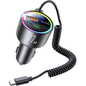 Bluetooth 5.4 FM Transmitter Car Adapter 77W Fast Charger, [DEEP BASS & PD3.0 65W] [Lossless Call Sound] Radio Bluetooth Transmitter for Car Built-in Mic & Colors LED Display