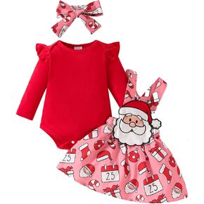 Newborn Baby Girl Christmas Outfits Ruffle Long Sleeve Romper Gingerbread Man Suspender Dress Fall Winter Clothes