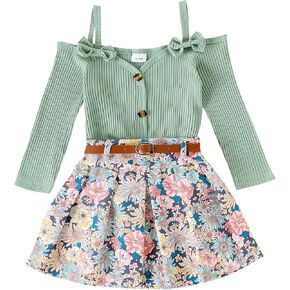 Toddler Baby Girl Skirt Outfit Long Sleeve Knit Sweater Tops + Pleated Mini Skirt Set 2 Pcs Kids Fall Winter Clothes