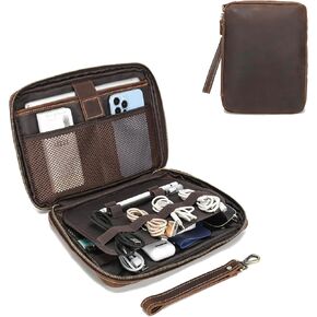 LANNSYNE Full Grain Leather Electronic Organizer Accessory Travel Tech Pouch, Cable Accessories Bag, Storage Carry Case for Charger, Phone, Power Bank, Cables,Cable