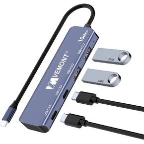 USB C Hub 3.2 10Gbps, VEMONT Aluminum USB 3.2 Hub with 2 USB-C and 2 USB-A Data Ports, Ultra Slim USB 3.2 Gen 2 Hub for MacBook Pro/Air 2022/2021, iPhone 15, iPad Pro, XPS, Surface Pro and More