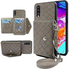 ELISORLI Compatible with Samsung Galaxy A70 Wallet Case with Crossbody Shoulder Strap and Stand Leather Credit Card Holder Cell Accessories Lanyard Phone Cover for A70S A 70 70A S70 Women Grey