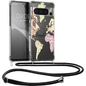 kwmobile Crossbody Case Compatible with Google Pixel 8 Pro Case Strap - Travel Black/Multicolor/Transparent