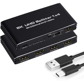8K@60Hz HDMI Splitter 1 in 4 Out, 1x4 HDMI 2.1 Splitter Support 4K@120Hz, 1080P@240Hz VRR HDCP2.3 HDR 10, 48Gbps EDID Dolby Atmos 7.1ch