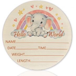 علامة إعلان الطفل للأولاد والبنات حديثي الولادة، علامة Hello World Newborn، ديكور جدار الحضانة، علامة اسم الطفل، موضوع الفيل من خشب البتولا 6 بوصة، لافتة ميلاد على شكل دائرة، هدايا حديثي الولادة