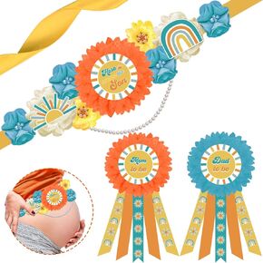 JOYMEMO Here Comes The Son Baby Shower Decorations for Boy, Here Comes The Son Maternity Sash with Mom to Be Dad to Be Corsage Pins, Boho Retro Pregnancy Flower Belly Belt New Parents Keepsake Party
