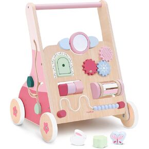PairPear Wooden Baby Walker Push and Pull Learning Activity Walker,Toddler Sit to Stand Push Walker Toys Gift for Baby Boys and Girls 12 m+ （Pink Rabbit）